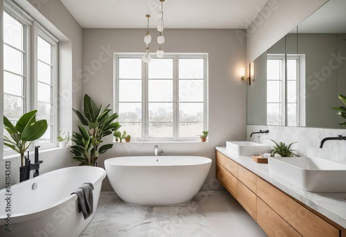 a white bath tub sitting next to two sinks in a bathroom