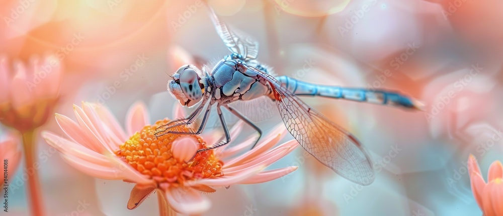 A dragonfly on a delicate flower, with its wings spread and sunlight highlighting the details, Nature, Photography, Bright hues, Crisp clarity A dragonfly on a delicate flower, with its wings spread and sunlight highlighting the details, Nature, Photography, Bright hues, Crisp clarity