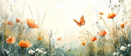 A peaceful meadow filled with wildflowers and tall grass, with butterflies fluttering around, Whimsical, Watercolor, Soft pastel tones, Dreamy ambiance © Seksan