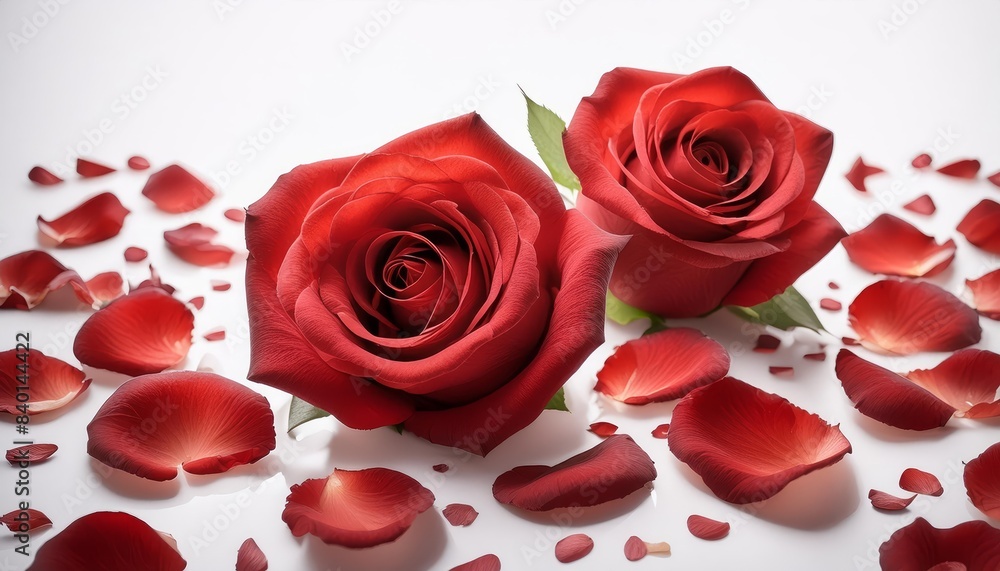 Two romantic red roses with lush petals surrounded by scattered petals. The deep red hues and intimate composition evoke a sense of love and romance.
Two romantic red roses with lush petals surrounded by scattered petals. The deep red hues and intimate composition evoke a sense of love and romance.