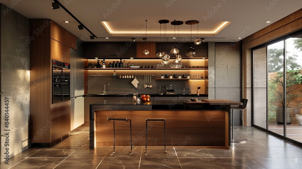 Kitchen with counter and mini bar with wooden chairs. The kitchen is well lit and has a modern design Kitchen with counter and mini bar with wooden chairs. The kitchen is well lit and has a modern design