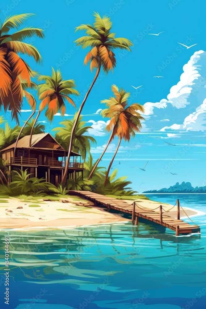 Fototapeta premium wooden bungalow on beautiful tropical beach illustration