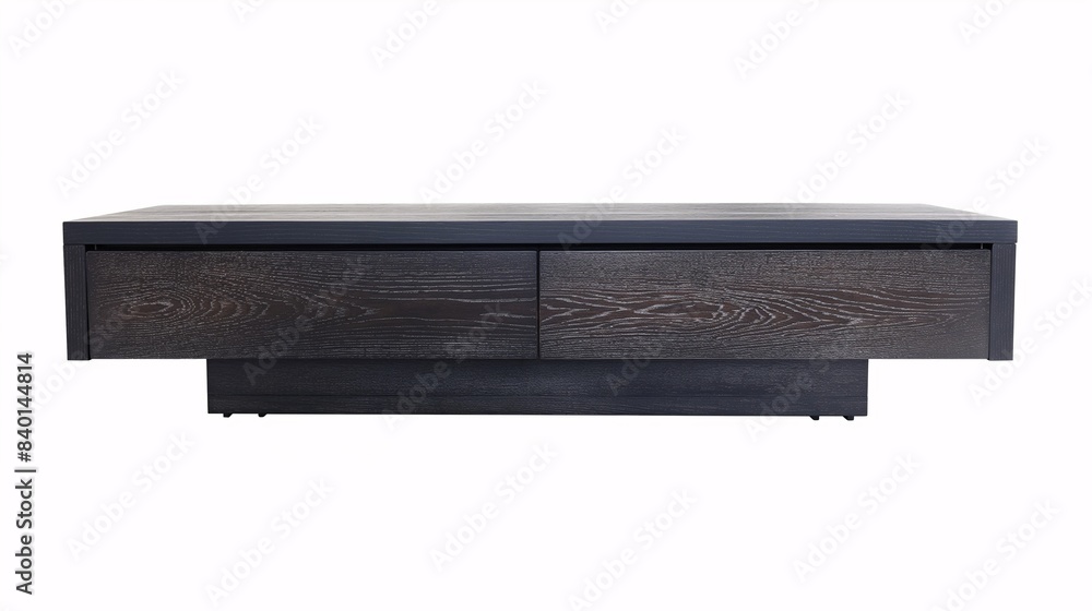 Modern dark wooden TV stand with minimalist design and two spacious drawers, perfect for living room organization and storage. Modern dark wooden TV stand with minimalist design and two spacious drawers, perfect for living room organization and storage.