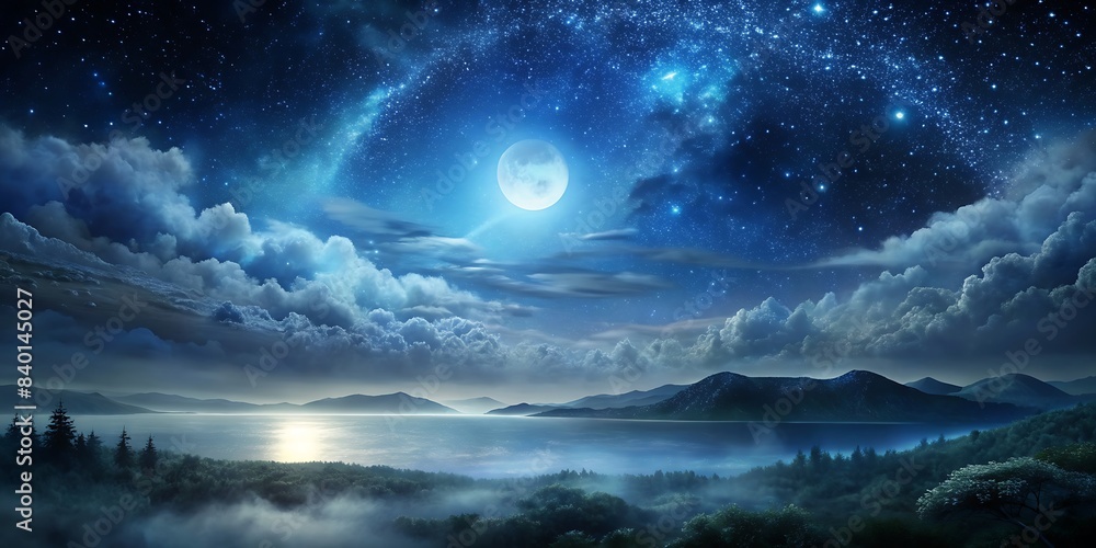 Obraz premium Fantastic night landscape with bright arched milky way, purple sky with stars, pink light and hills. Beautiful scene with universe. Space background with starry sky. Galaxy and nature