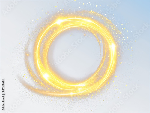 Gold light circle with sparkles, vector magic glow 3d effect. Realistic golden shiny ring or swirl, round frame of flare trail with glitter dust, golden fairy dust isolated on transparent background