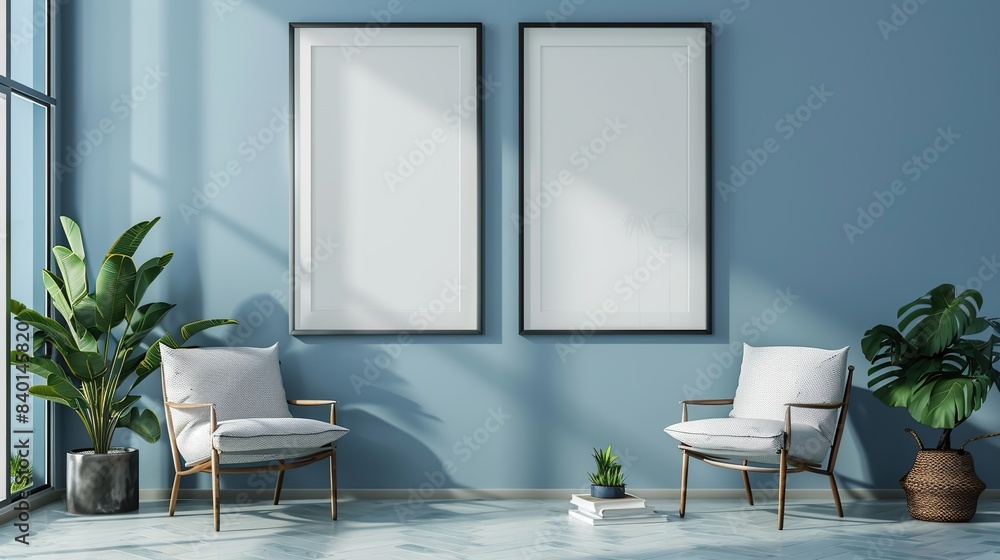 Living room with empty photo frames against blue wall. The room is decorated with green plants with comfortable seating Living room with empty photo frames against blue wall. The room is decorated with green plants with comfortable seating