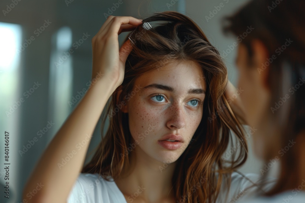 Fototapeta premium Woman brushing hair mirror