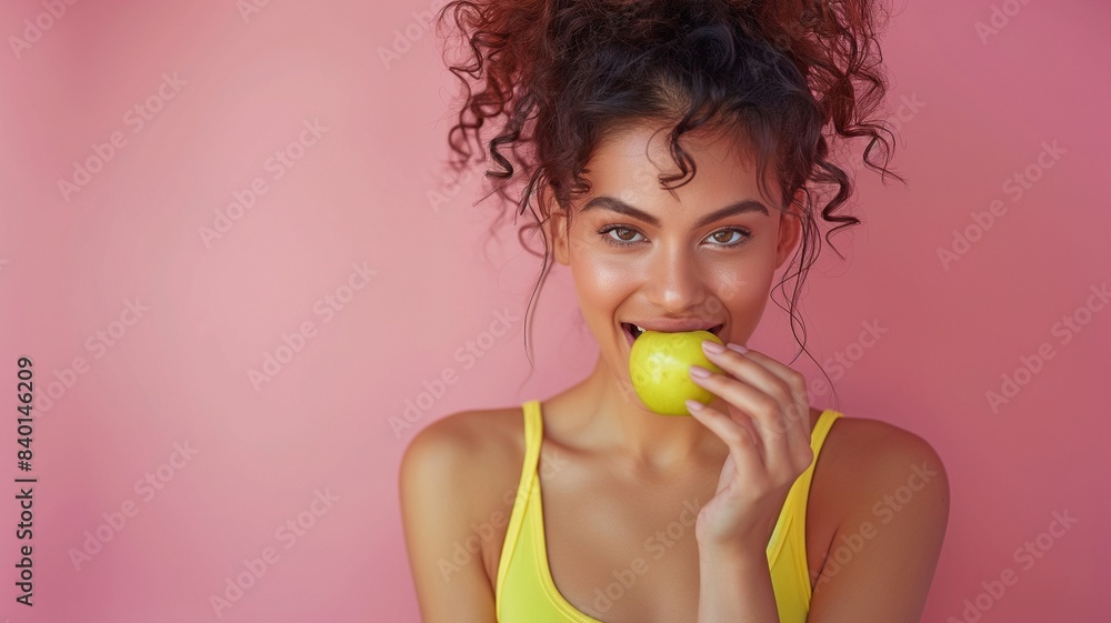 images of young ladies eating green apples set against a vivid pink backdrop, showcasing a dynamic, happy existence. images of young ladies eating green apples set against a vivid pink backdrop, showcasing a dynamic, happy existence.