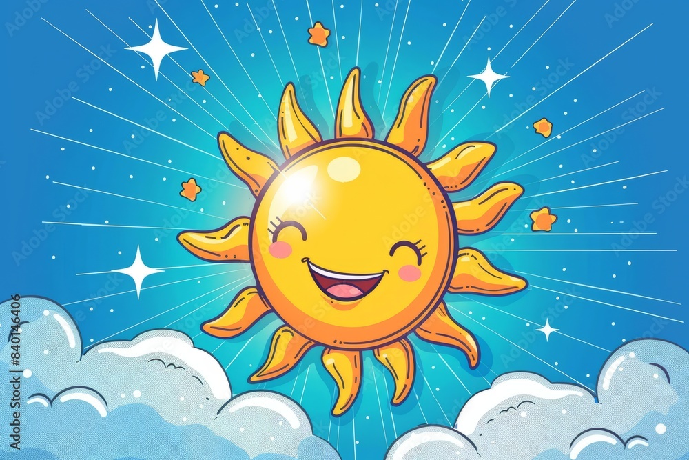 Cartoon cute doodles of a cheerful sun shining brightly in a clear blue sky, Generative AI Cartoon cute doodles of a cheerful sun shining brightly in a clear blue sky, Generative AI