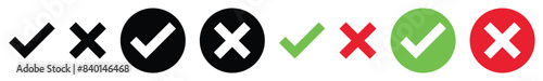 Check mark icon button set. Check box icon with right and wrong buttons and yes or no checkmark icons in green tick box and red cross.