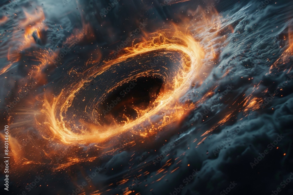 A black hole accretion disk showcasing the intense radiation and high energy particles emitted by the superheated gas and plasma. A black hole accretion disk showcasing the intense radiation and high energy particles emitted by the superheated gas and plasma.