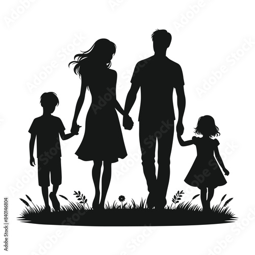 A black and white silhouette depicting a family, consisting of two adults and two children.