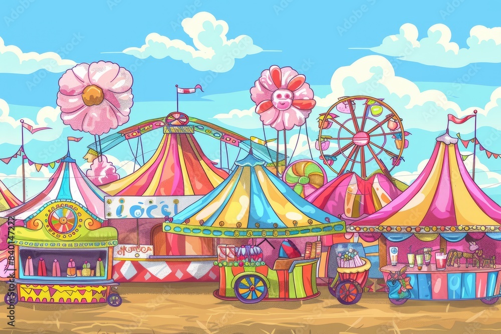 Cartoon cute doodles of a lively carnival with colorful rides and cotton candy vendors, Generative AI Cartoon cute doodles of a lively carnival with colorful rides and cotton candy vendors, Generative AI