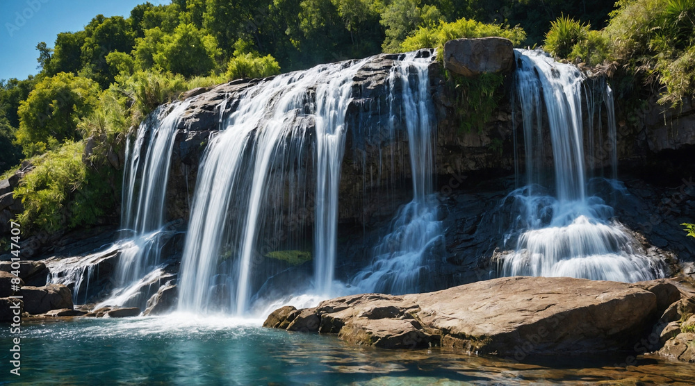 Fototapeta premium Scenic Waterfall Flowing Gently Over Rocks into Tranquil Blue Waters