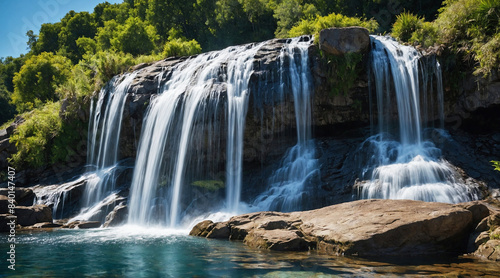 Scenic Waterfall Flowing Gently Over Rocks into Tranquil Blue Waters