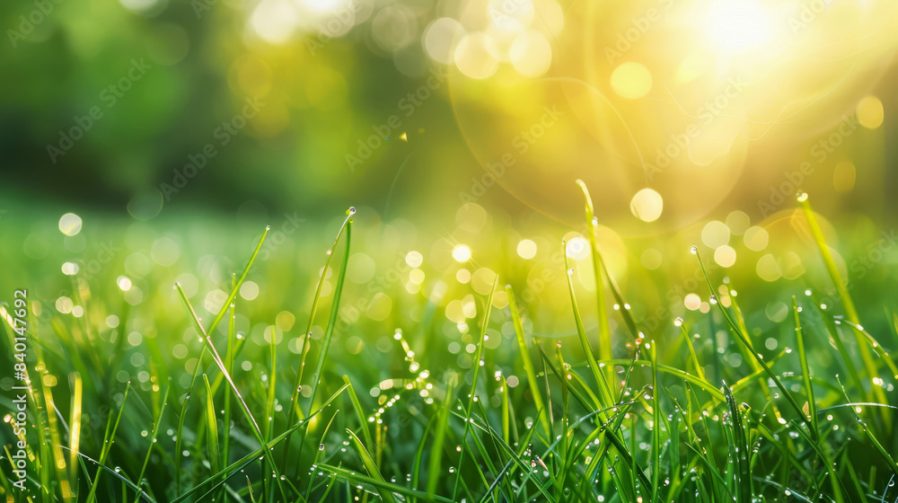 Obraz premium Dewy Freshness on Green Grass under Radiant Sunbeams