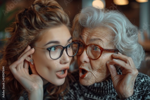 Two women both wearing glasses with one displaying surprise photo