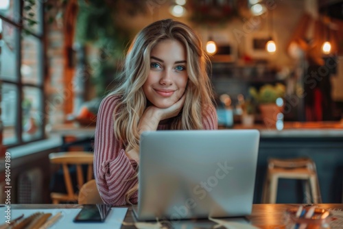 Woman smiling at table with laptop