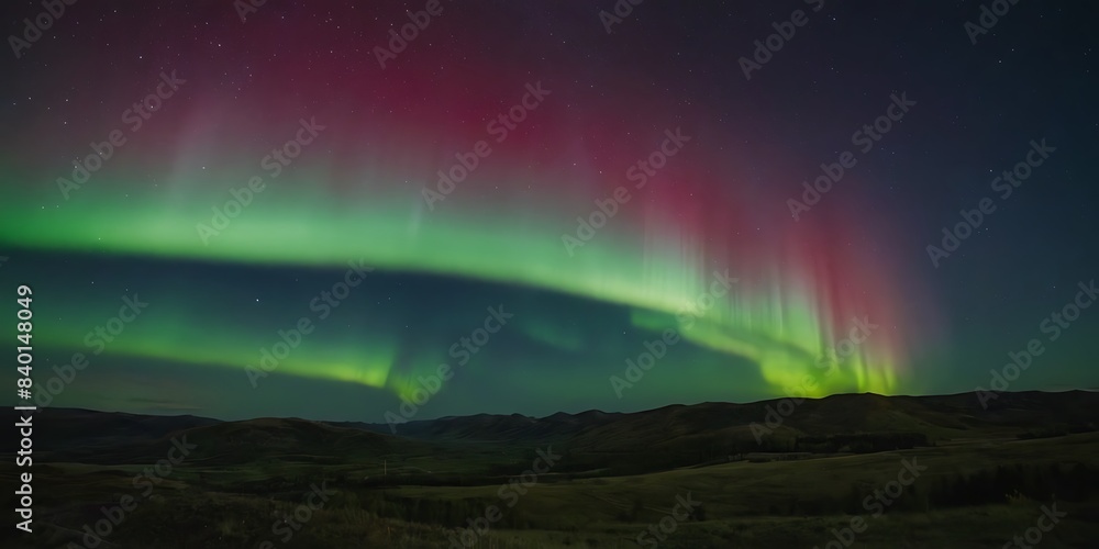 Fototapeta premium Beautiful view of aurora in northern sky night over the hills, borealis northern lights background wallpaper