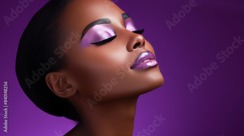 Portrait of a Beautiful, sexy, happy smiling dark-skinned African American woman with perfect skin, on a purple background, banner. © ALA