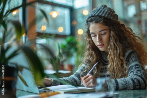 Female at desk jotting notes