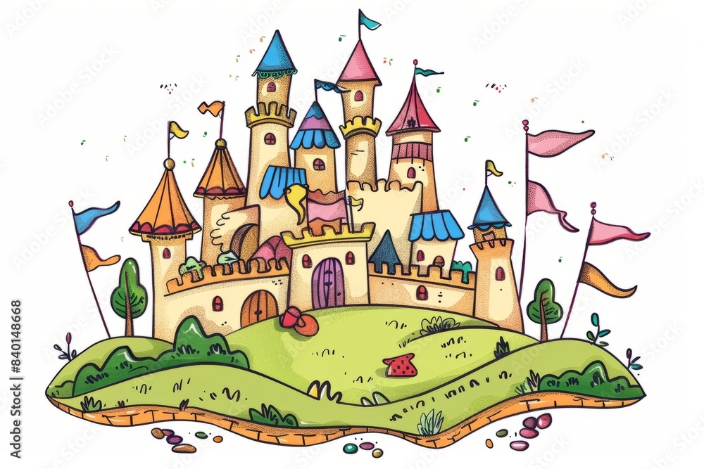 artoon cute doodles of a whimsical fairytale castle with colorful flags waving in the breeze, Generative AI artoon cute doodles of a whimsical fairytale castle with colorful flags waving in the breeze, Generative AI