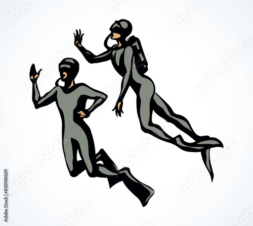 Scuba diver underwater. Vector drawing