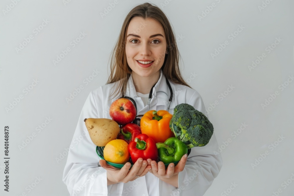 Adult european woman doctor nutritionist in white coat hold organic fruits , vegetables in hands on white background, studio. Healthcare, proper nutrition recommendation, medical diet and treatment Adult european woman doctor nutritionist in white coat hold organic fruits , vegetables in hands on white background, studio. Healthcare, proper nutrition recommendation, medical diet and treatment