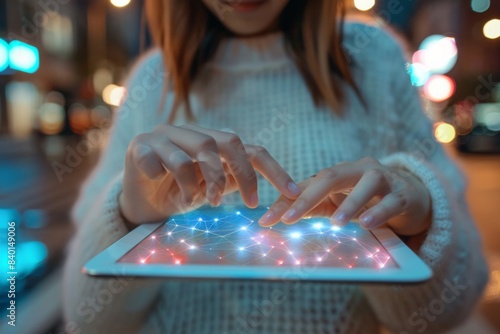 Person viewing tablet under vivid light photo