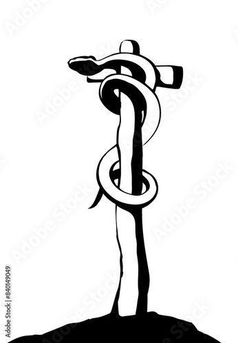 The serpent on the pole. Vector drawing