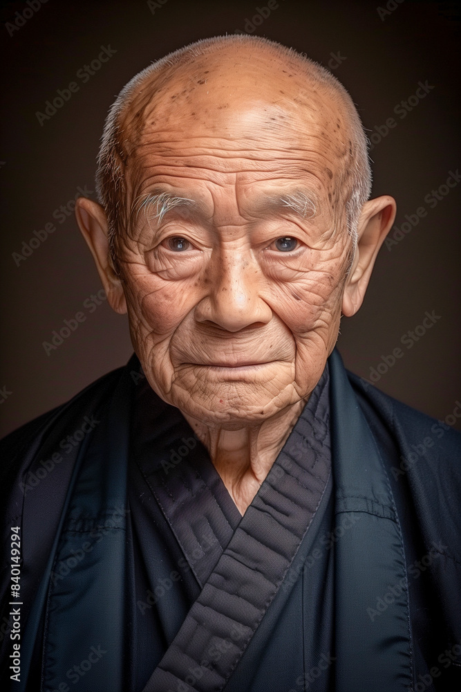 Obraz premium An elderly Tibetan monk with a serene smile and traditional robes