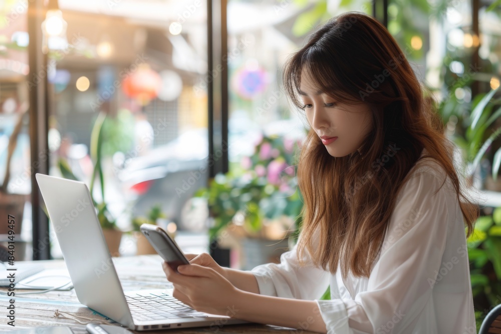 Woman table laptop phone Woman table laptop phone
