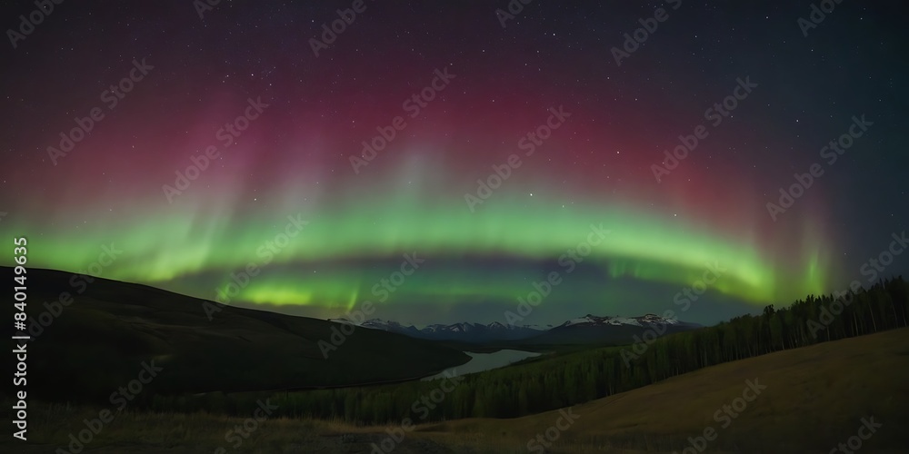 Beautiful view of aurora in northern sky night over the hills, borealis northern lights background wallpaper Beautiful view of aurora in northern sky night over the hills, borealis northern lights background wallpaper