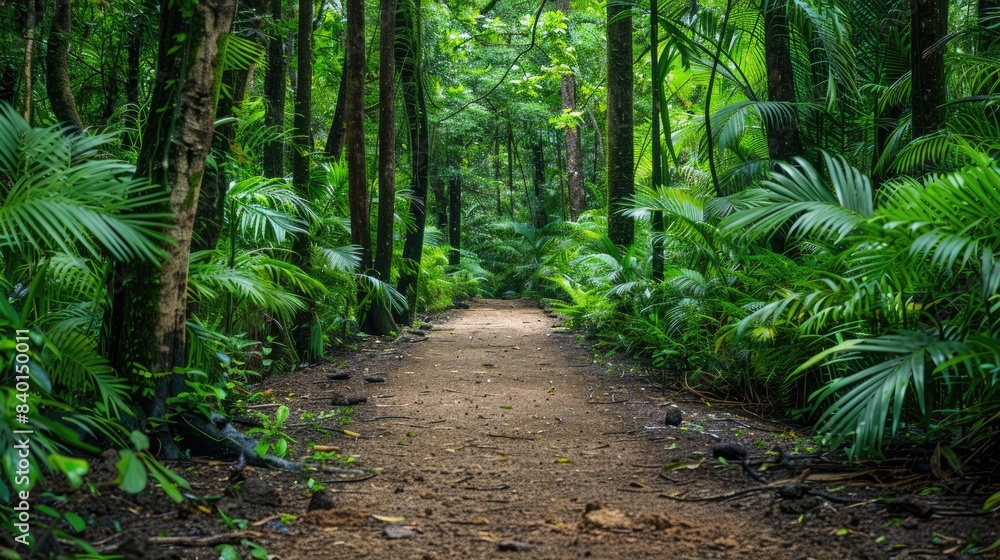 A picturesque forest with a well-maintained trail, showcasing conservation and responsible tourism efforts A picturesque forest with a well-maintained trail, showcasing conservation and responsible tourism efforts