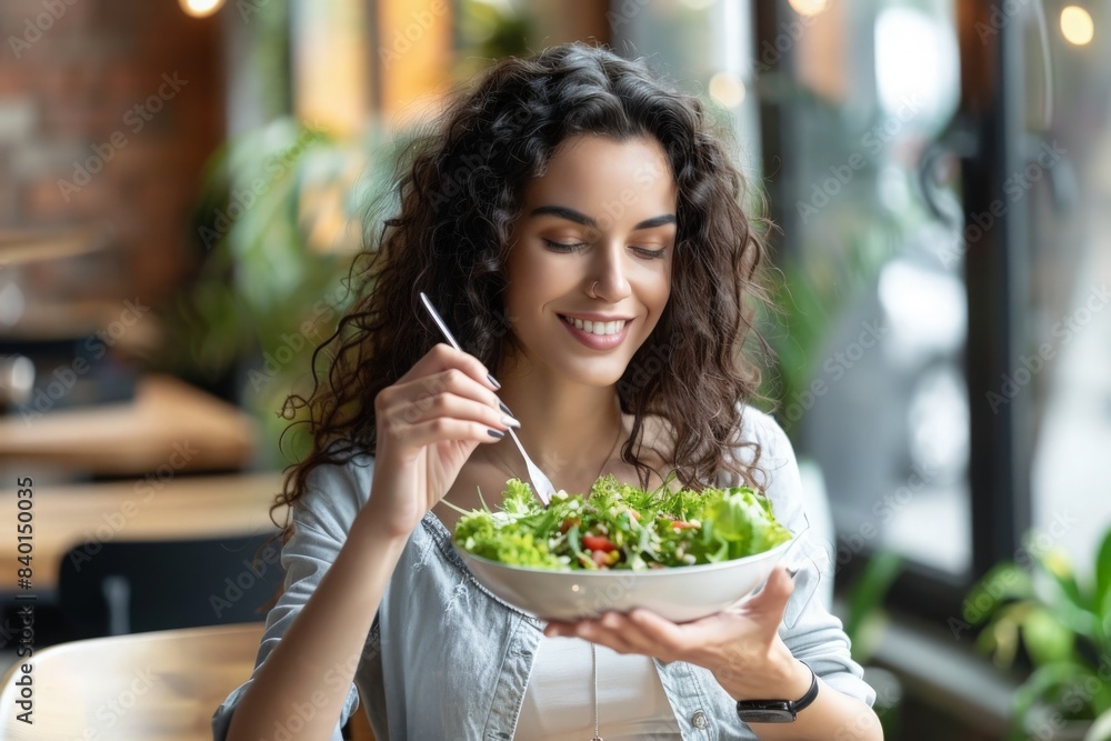 Happy latin woman eating lunch in cafe, enjoying delicious salad with closed eyes and drinking hot beverage. Lady eating healthy meal, sitting indoors in restaurant, free space Happy latin woman eating lunch in cafe, enjoying delicious salad with closed eyes and drinking hot beverage. Lady eating healthy meal, sitting indoors in restaurant, free space