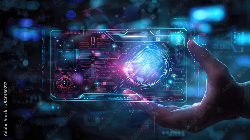 A hand holds a holographic interface with digital data displayed on it. The image suggests a future technology and advanced computing A hand holds a holographic interface with digital data displayed on it. The image suggests a future technology and advanced computing