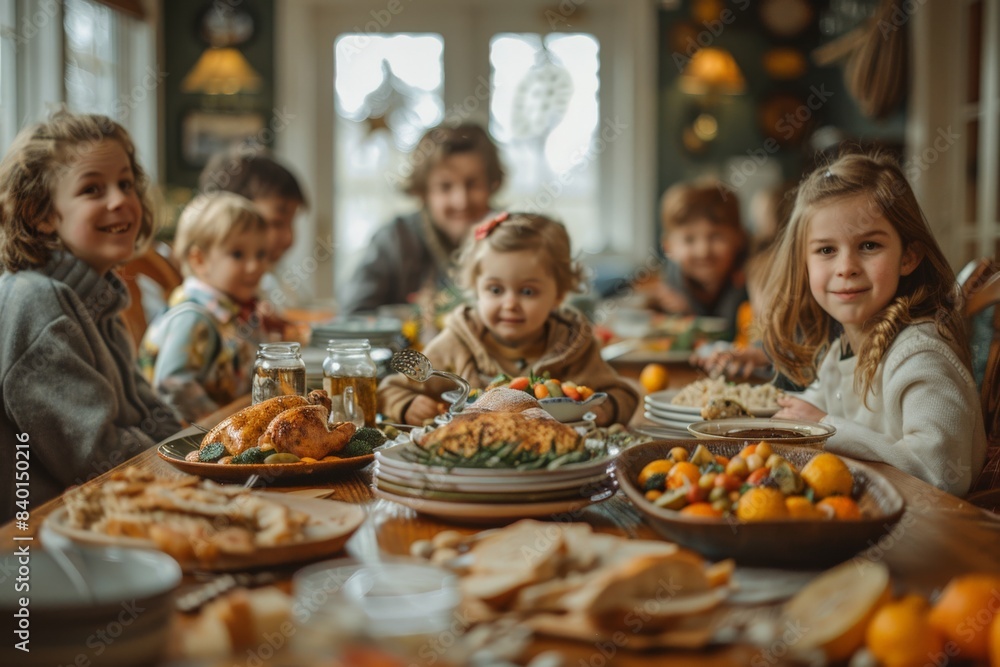 Children happily gathered around a table full of delicious food Children happily gathered around a table full of delicious food