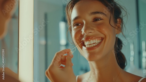 Free Download Oral Care. Smiling Young Female Using Dental Floss Near Mirror In Bathroom, Beautiful Millennial Woman Cleansing Teeth, Making Daily Hygiene Routine At Home, Seletive Focus On Reflection - GFXLoad