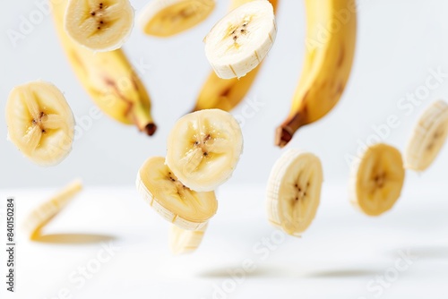 Cut banana slices and a whole banana isolated on white background. Gravity. Ripe fruit. Vitamin. White and yellow banana pieces. A sliced banana. Peel