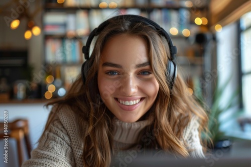 Happy woman in headphones at laptop