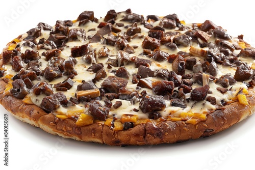 Savory mushroom and cheese pizza with a golden crust, served on a wooden board, set in a rustic kitchen scene with natural light