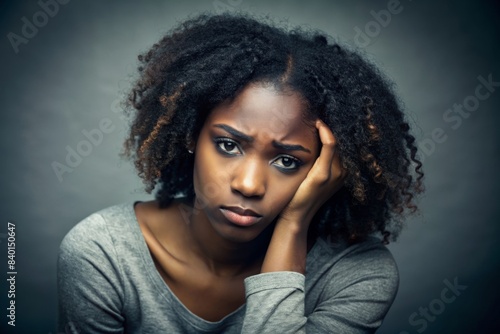 Portrait of a sad young African American woman with hands on head, portraying depression and loneliness
