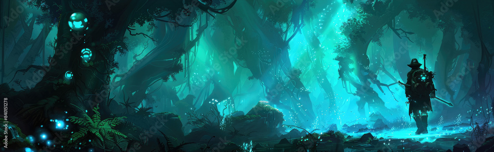 Obraz premium A lone warrior stands in a mystical forest, bathed in an eerie blue glow