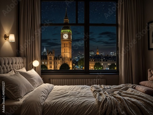 The image presents a serene night scene in London, viewed from the window of a luxurious hotel room. photo