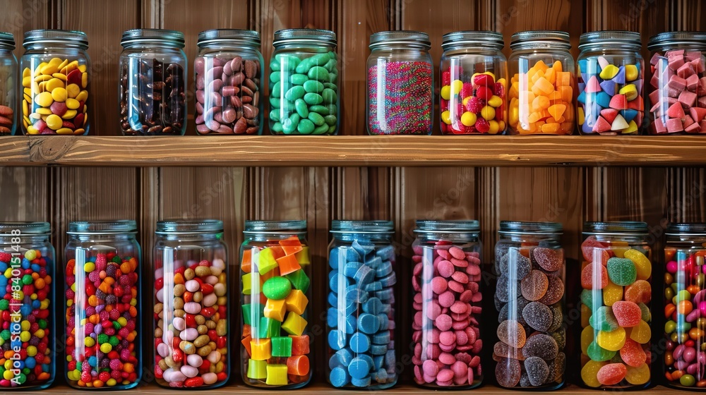 Variety of colorful candies in glass jars on a shelf Variety of colorful candies in glass jars on a shelf