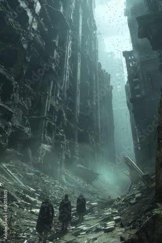 A group of scavengers picks their way through the ruins of a derelict city  searching for supplies amidst the wreckage. 