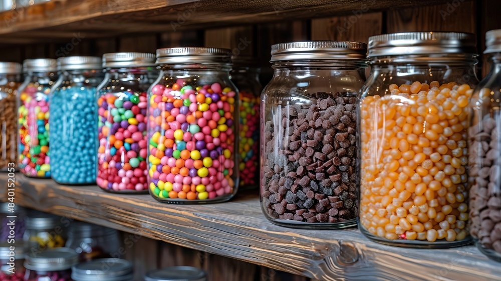 Variety of colorful candies in glass jars on a shelf Variety of colorful candies in glass jars on a shelf