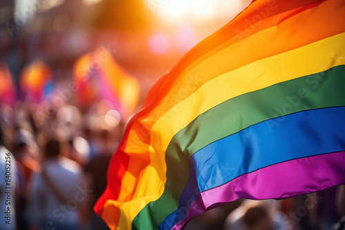 Vibrant Rainbow Flag at Lively Pride Parade in Daylight. Blurred background with copy space.