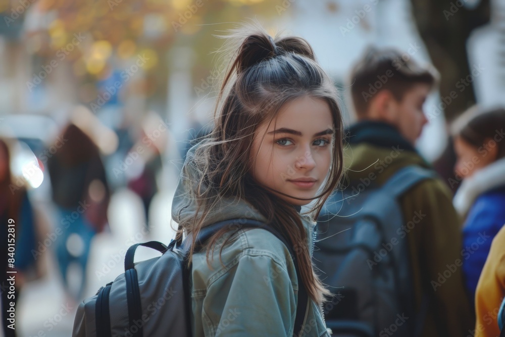 Female student glancing back while going for a class in college. Girl walking with friends going for class in high school Female student glancing back while going for a class in college. Girl walking with friends going for class in high school