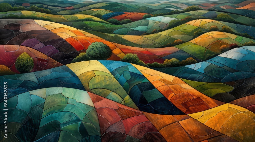 Fototapeta premium Colorful abstract landscape of rolling hills in vibrant hues, capturing a surreal and artistic view of nature's beauty.